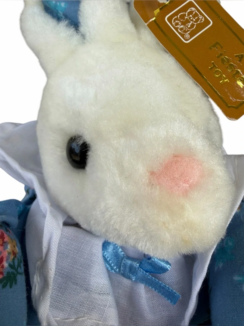 VTG Fiesta 8” Plush White Country Bunny Stuffed Animal Blue Floral Romper NOS
